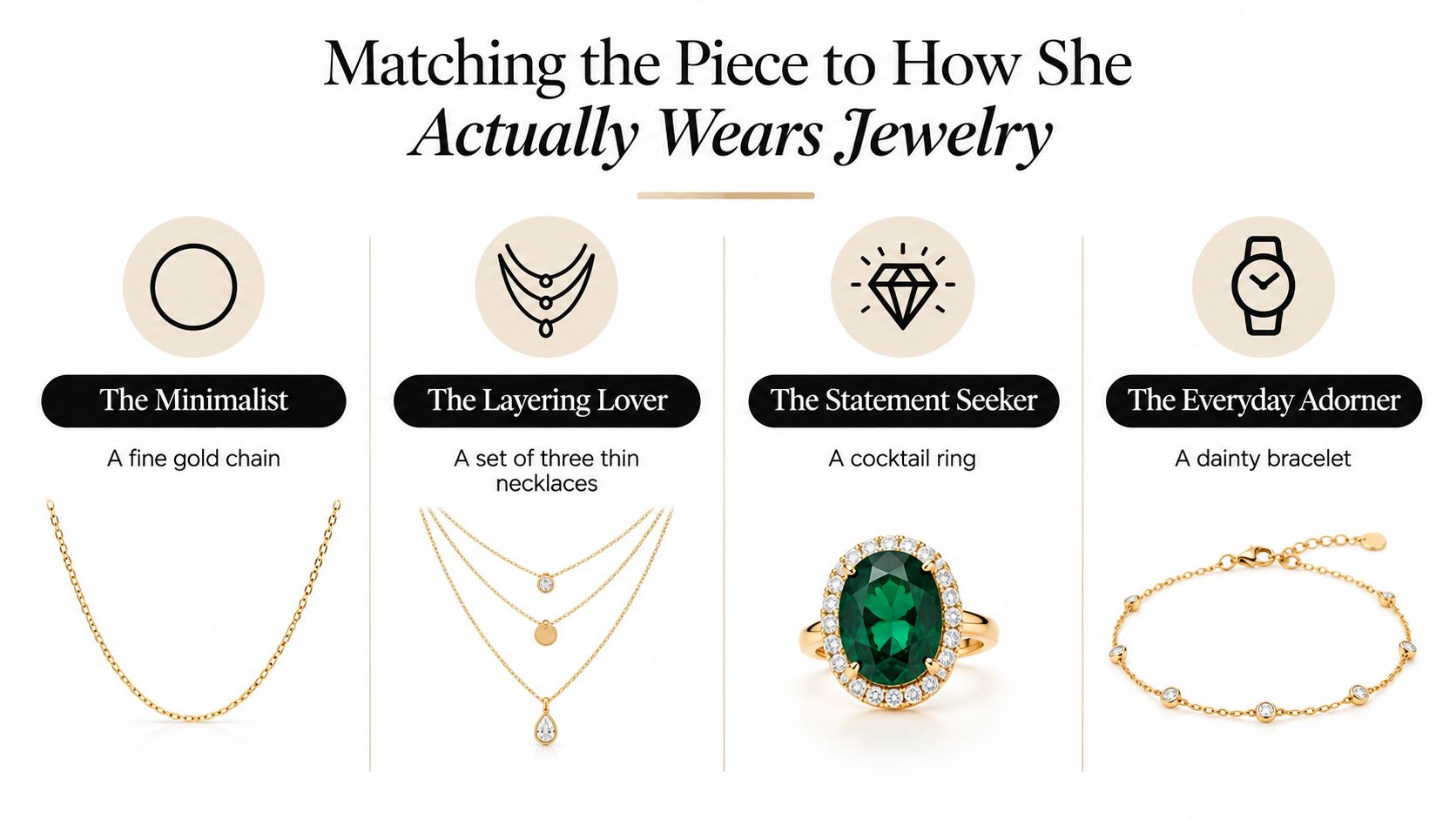 An infographic showing jewelry gift ideas categorized by personal style preferences for women.