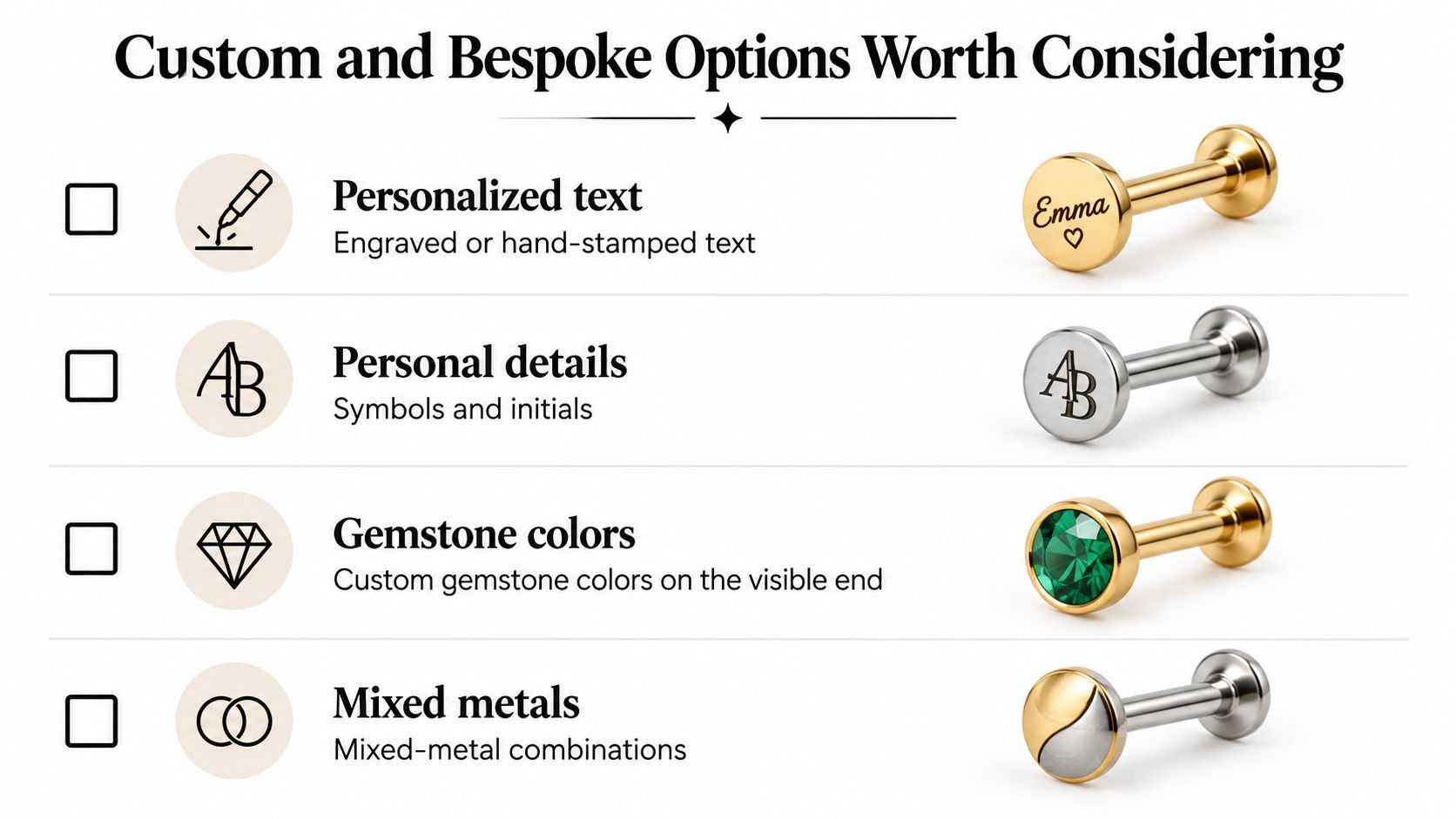 A display showing various custom and bespoke body piercing jewelry options, including engraving, initials, gemstones, and mixed metals.