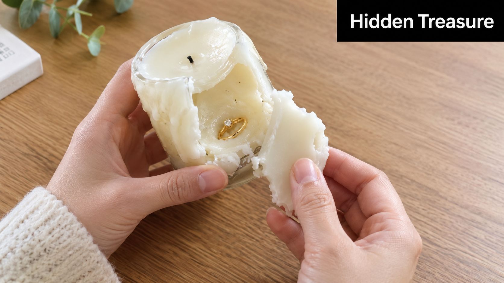 A person holding a candle with a gold diamond ring hidden inside the wax on a wooden table.