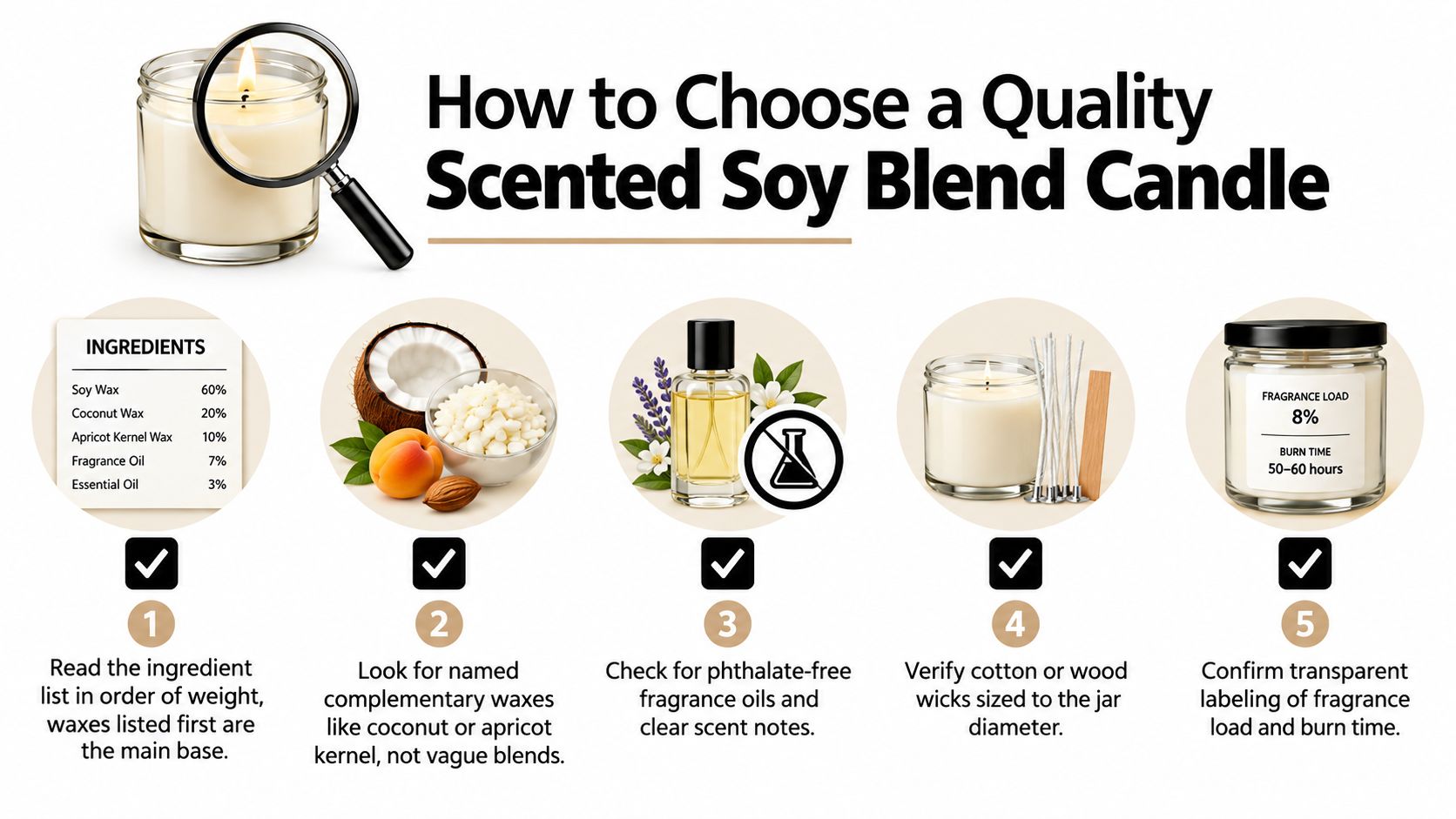 An infographic showing five steps for choosing a quality scented soy blend candle with ingredient examples.