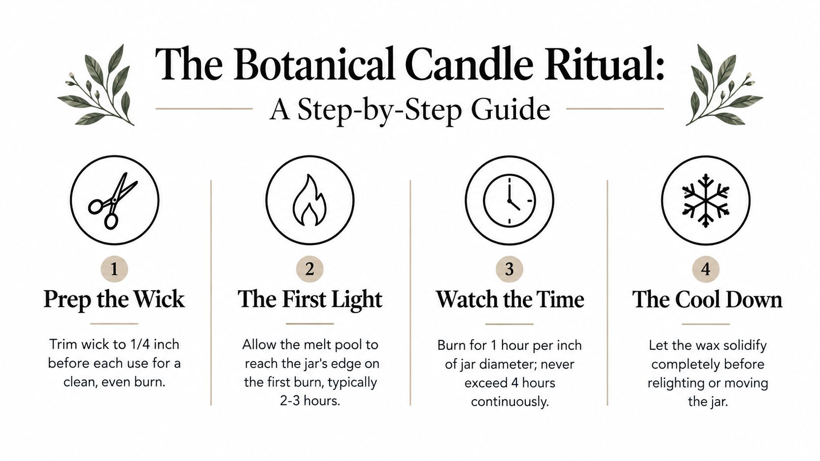 An instructional graphic titled The Botanical Candle Ritual showing four numbered steps for proper candle maintenance.
