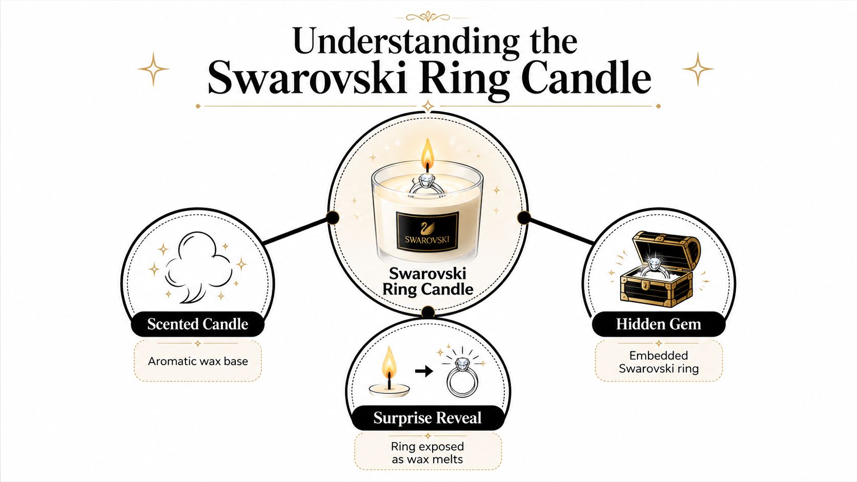 An infographic showing how a Swarovski ring candle reveals a hidden ring as the scented wax melts.