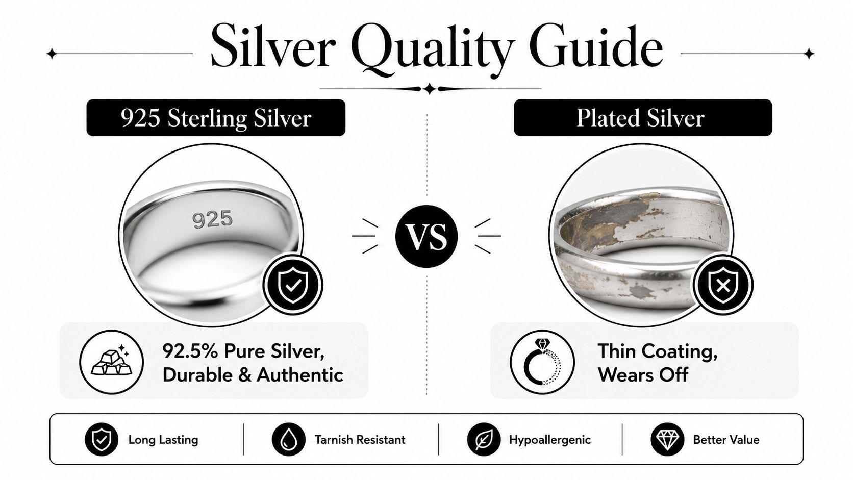 An infographic comparing high-quality 925 sterling silver versus low-quality plated silver jewelry with key features.