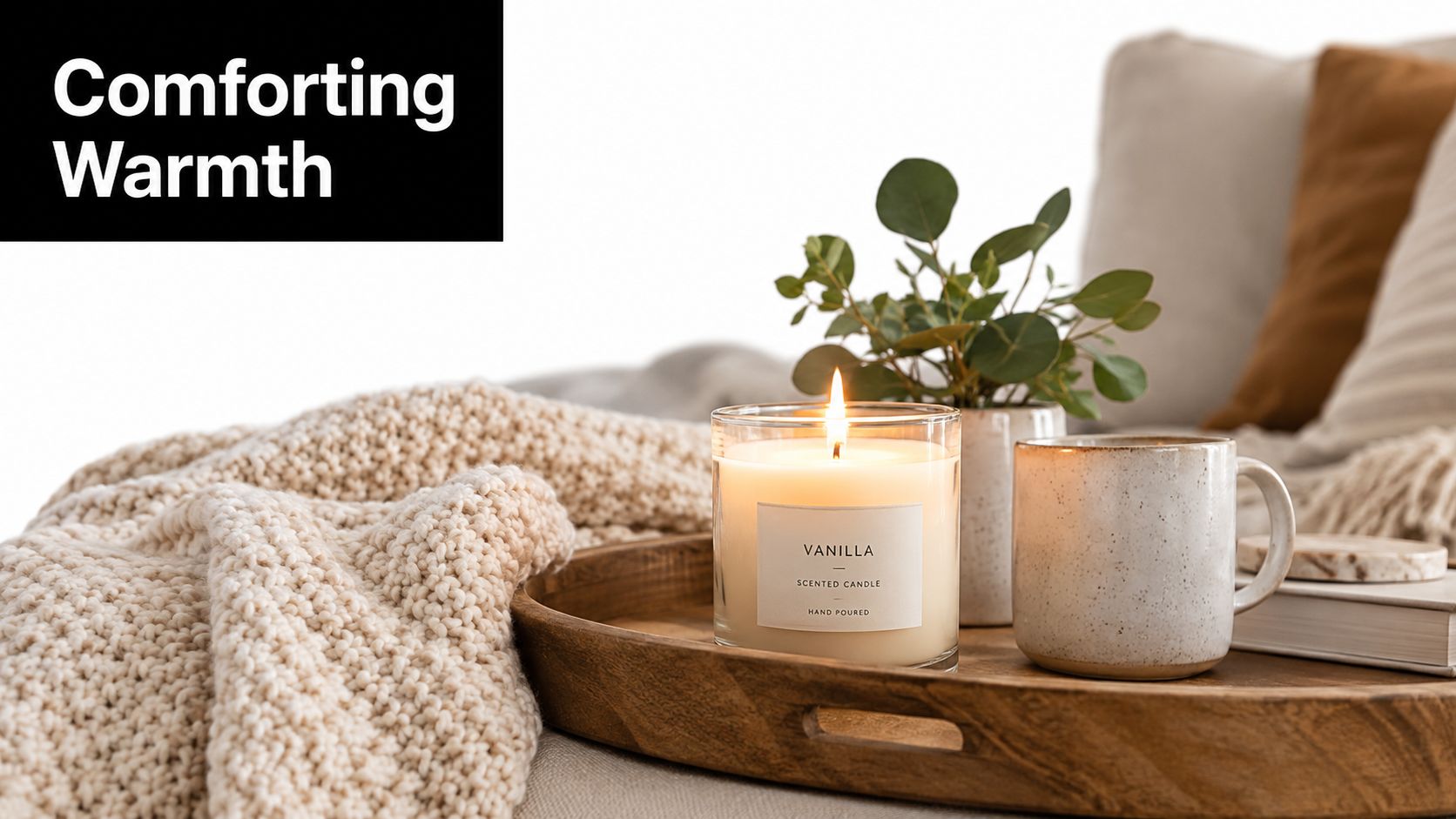 A cozy, warm scene featuring a lit vanilla candle, a ceramic mug, and a soft knitted blanket.