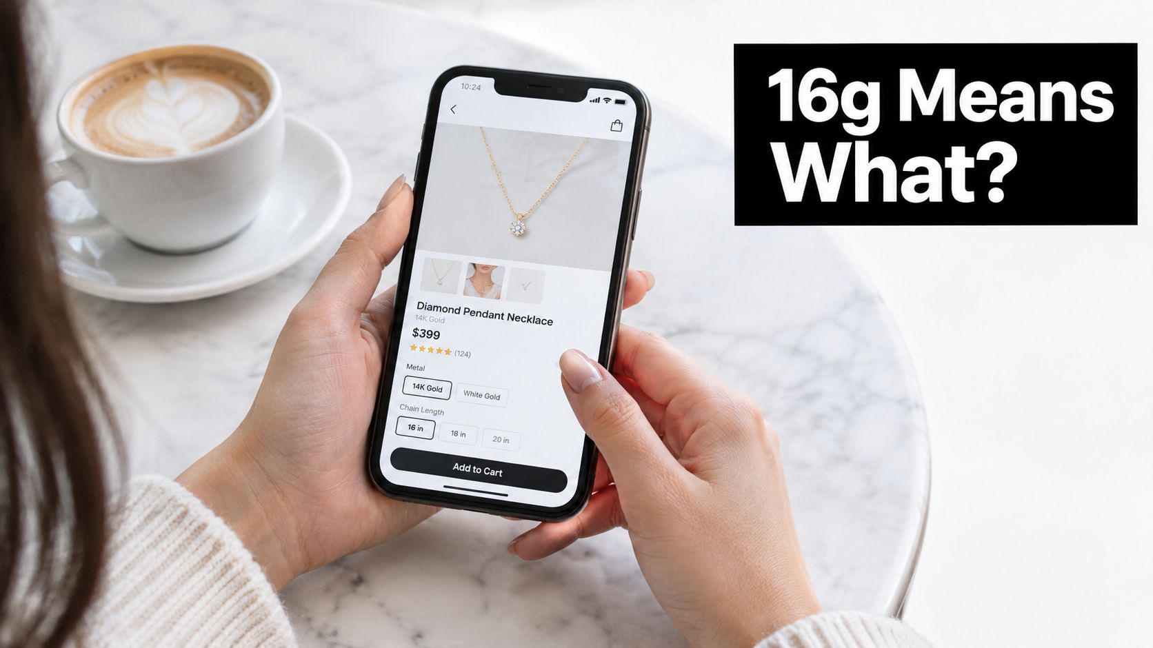 A person holding a smartphone showing a diamond necklace product page next to a cup of coffee.