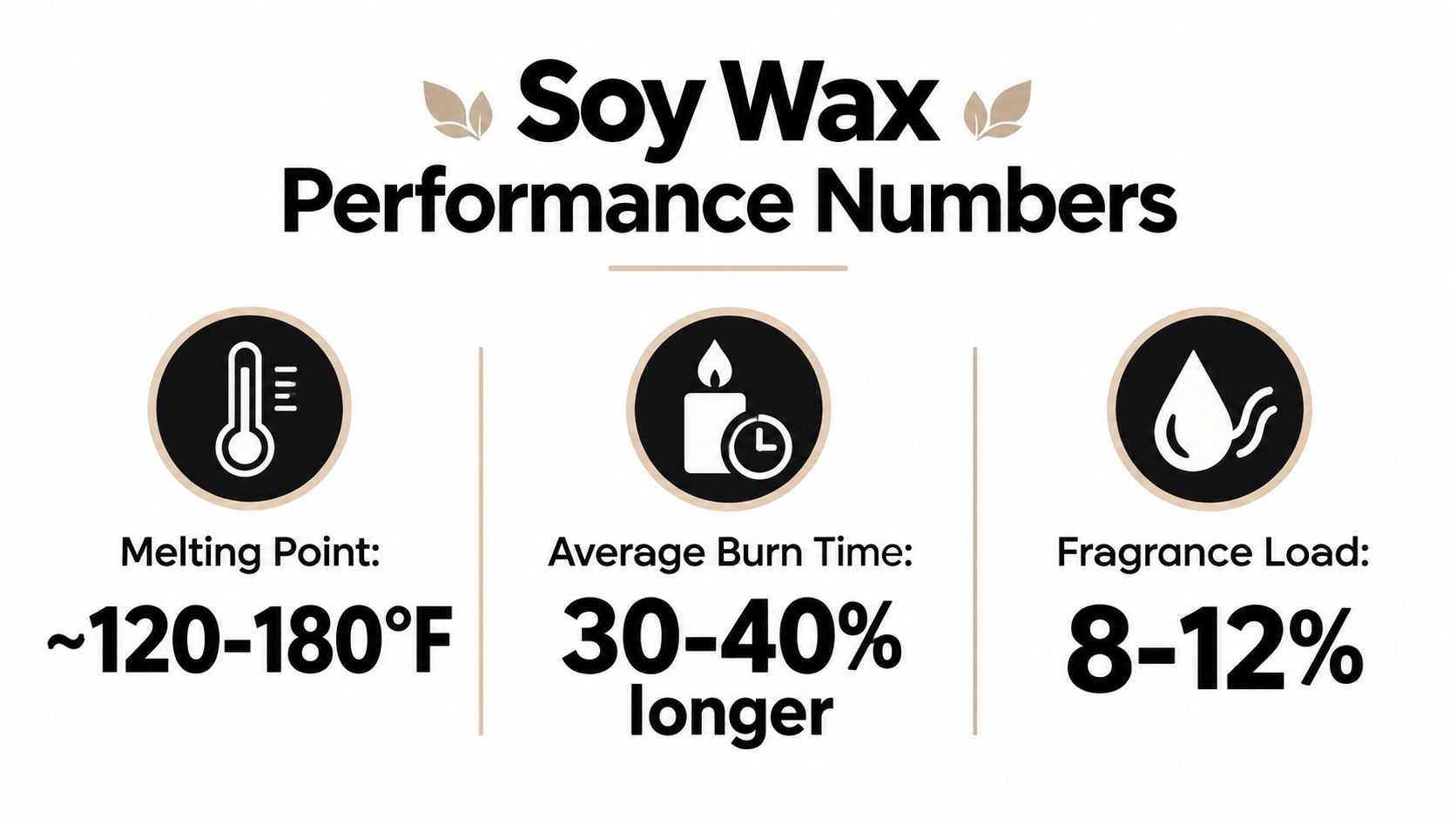 An infographic detailing the performance metrics of soy wax, including melting point, burn time, and fragrance load.