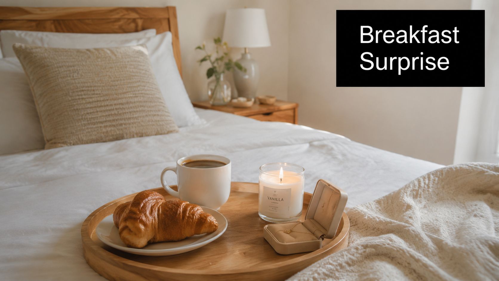 A wooden breakfast tray with a croissant, coffee, a scented candle, and a necklace in a box.