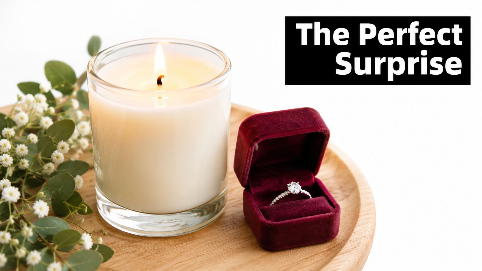 A lit candle in a glass jar and a velvet ring box with a diamond ring on a wooden tray.