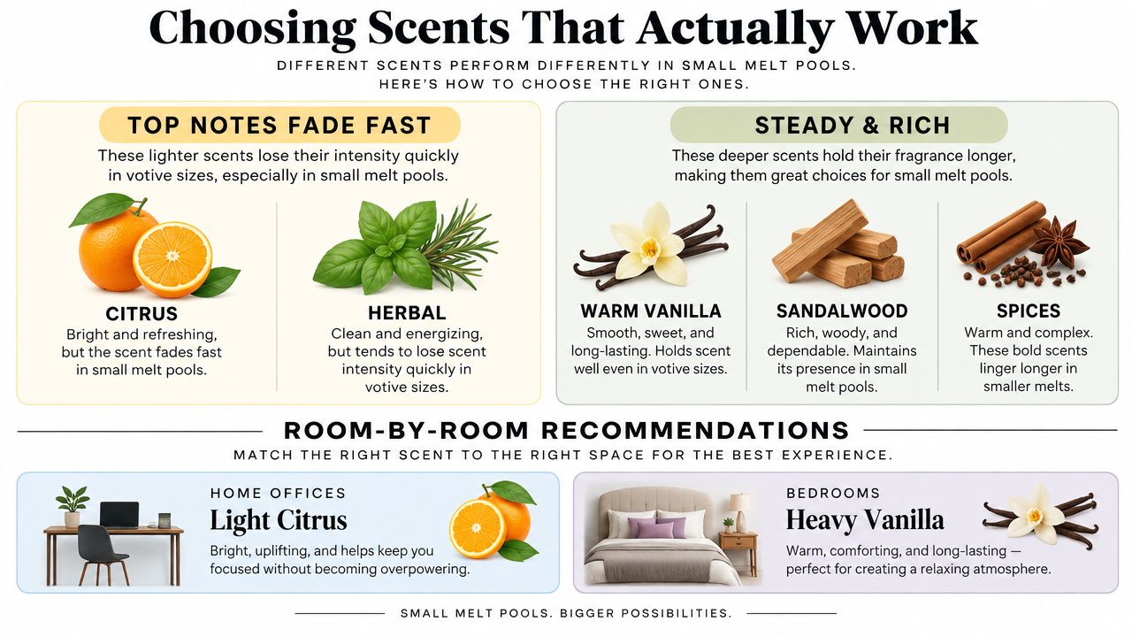 An infographic showing how to select candle scents for small melt pools, comparing top notes with steady scents.