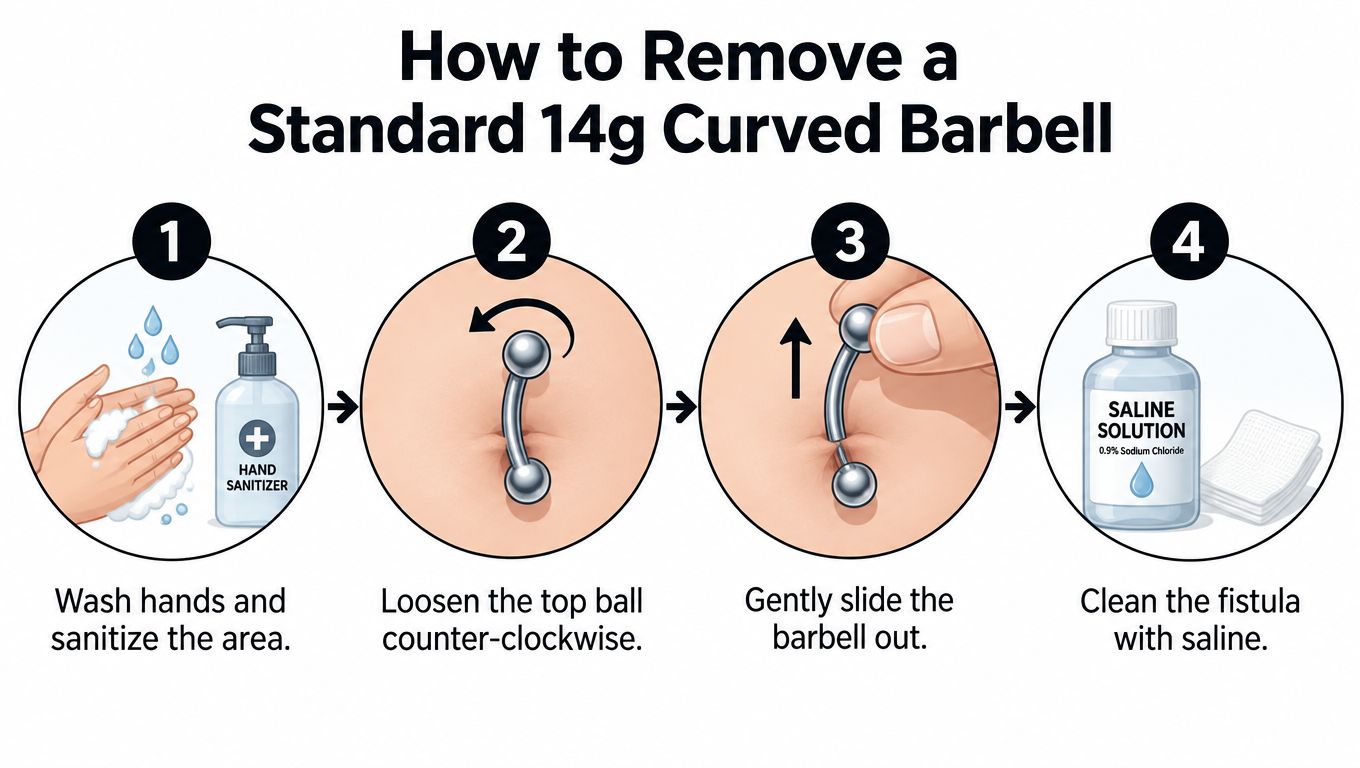 A four-step infographic illustrating how to safely remove a standard curved barbell belly button ring.