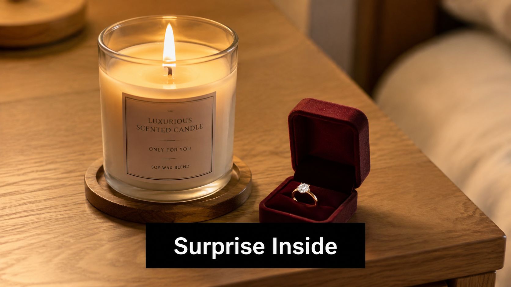 A lit candle on a wooden coaster next to a small red velvet ring box on a table.