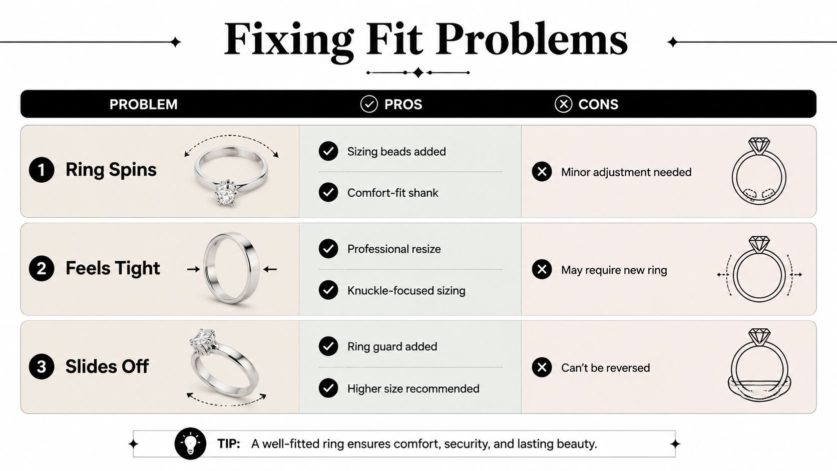 A guide showing solutions for common ring fit problems including spinning, tightness, and sliding off.