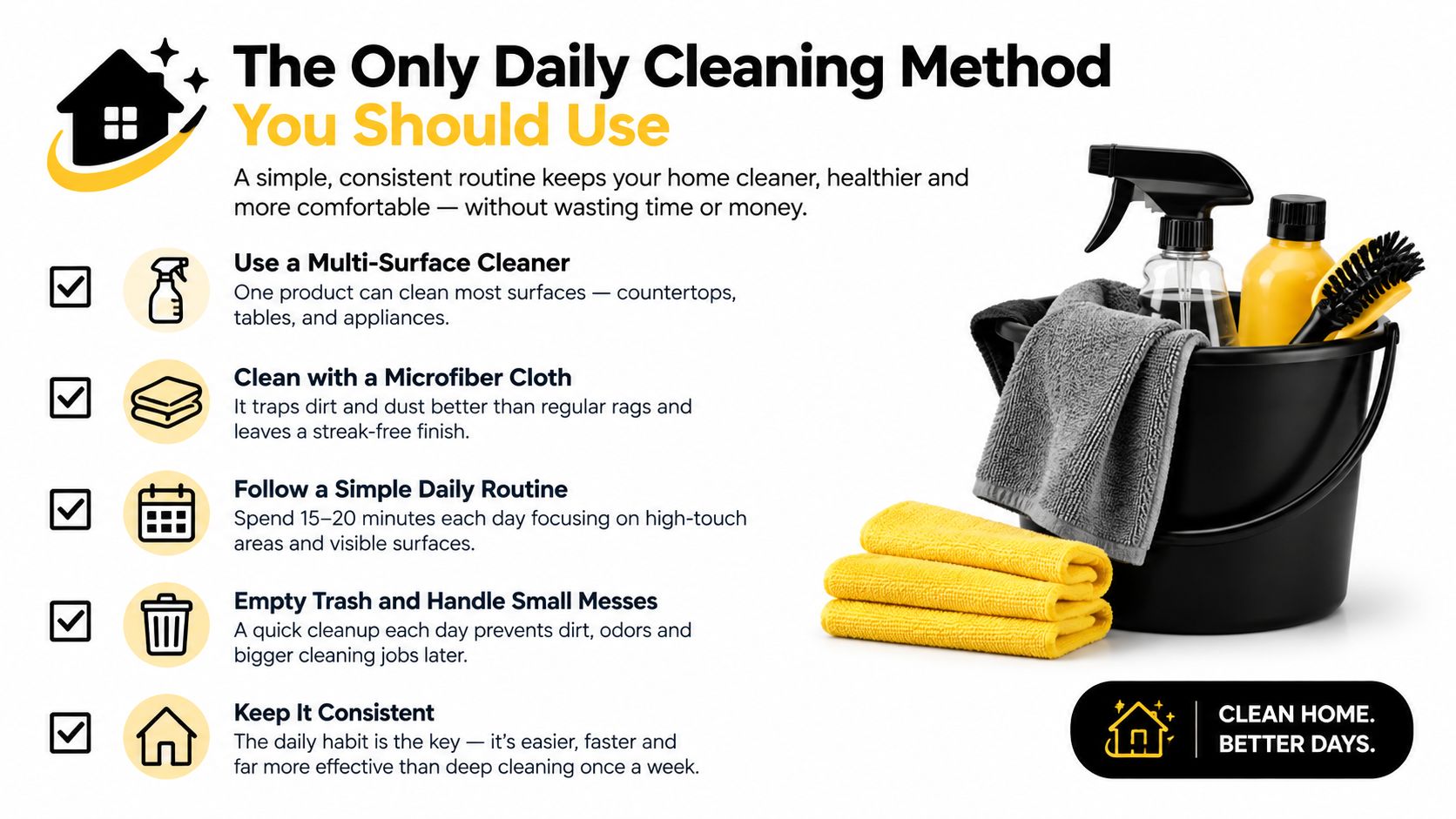 A helpful infographic showing a simple daily cleaning method for a cleaner, healthier, and more organized home.