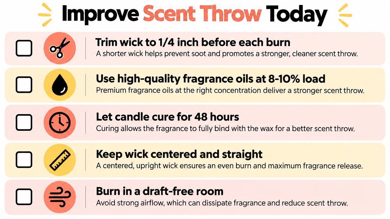 A checklist infographic titled Improve Scent Throw Today with tips for better candle fragrance performance.