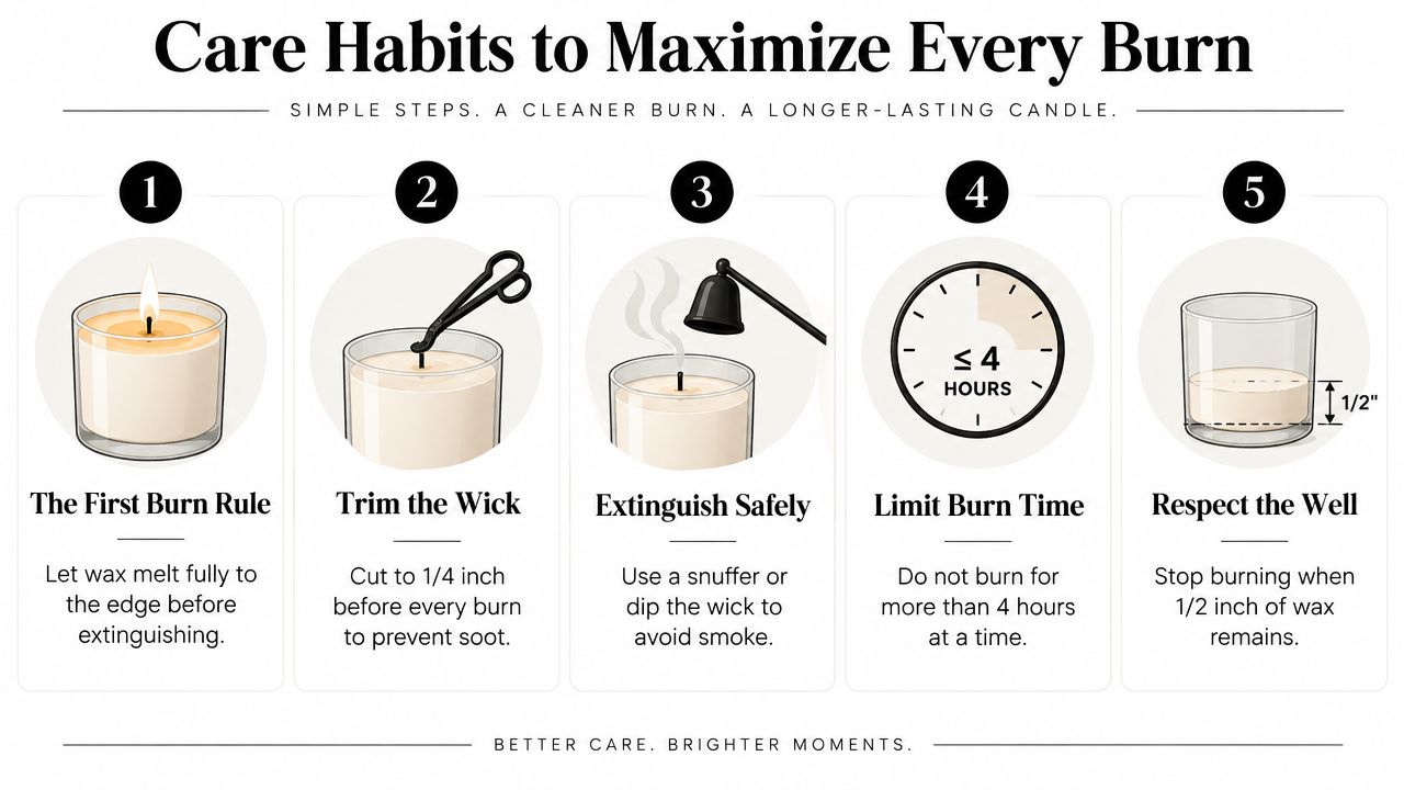 An infographic showing five simple steps for proper candle care to maximize burn time and cleanliness.