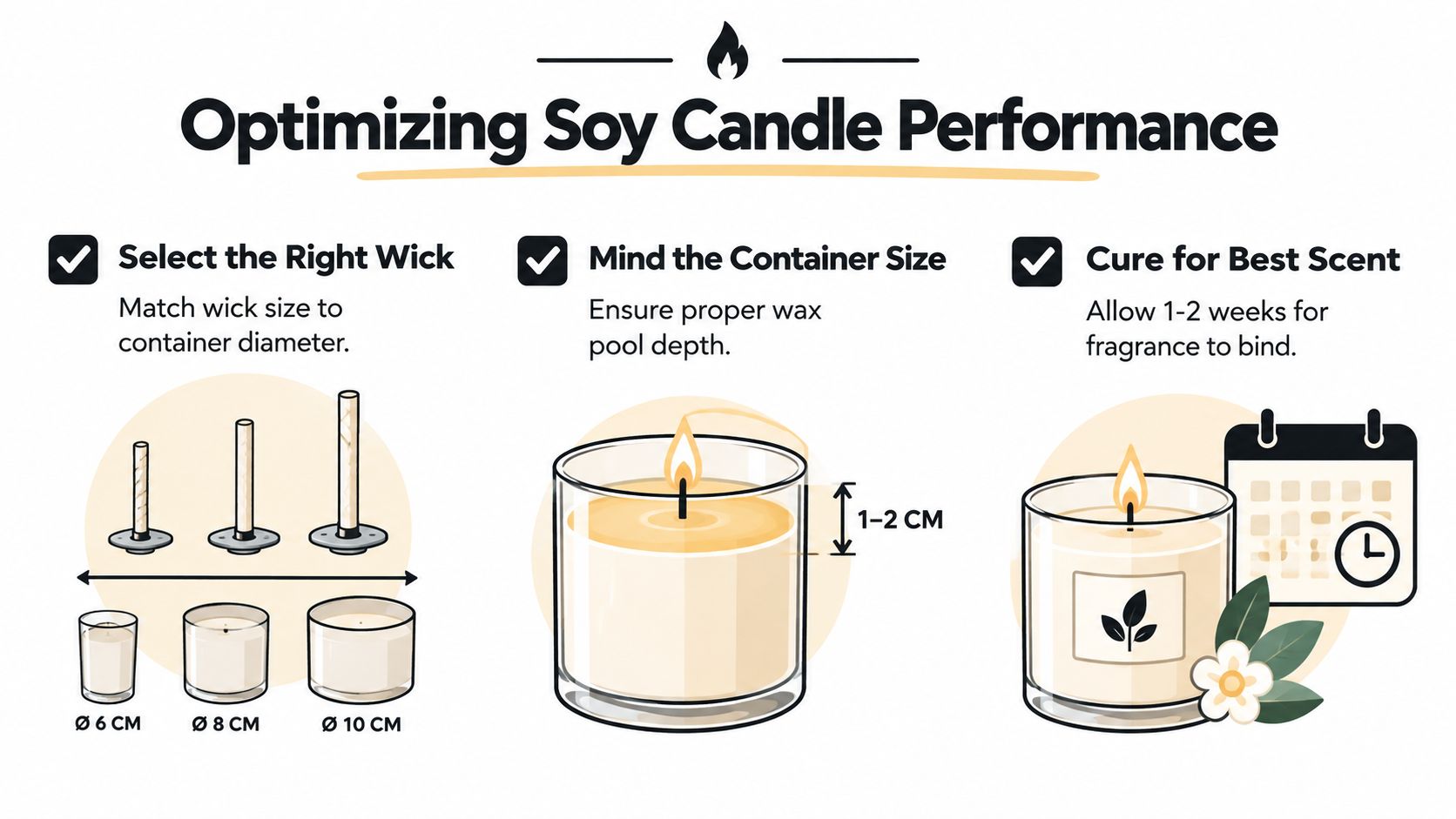 An infographic showing three tips for optimizing soy wax candle performance, including wick selection, container sizing, and curing.