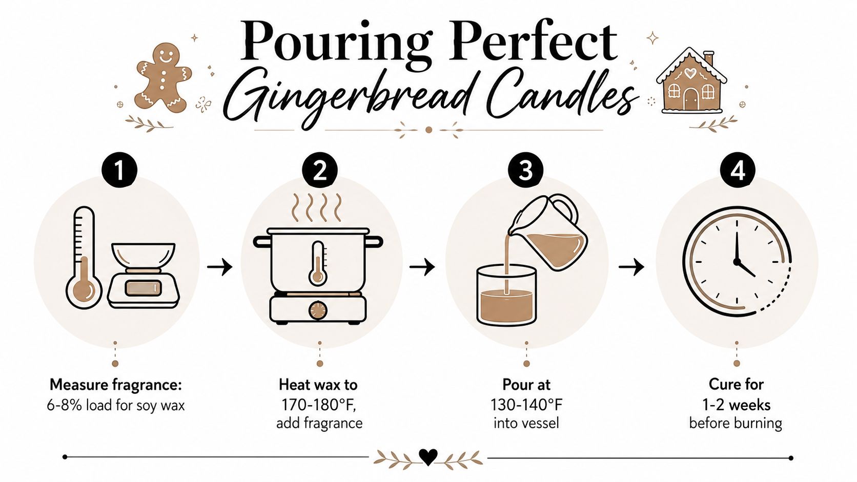 A step-by-step infographic showing how to make gingerbread candles with temperature and measurement instructions.