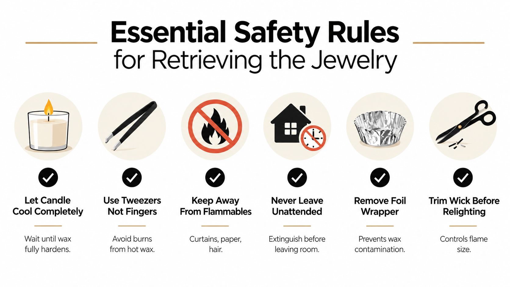 A visual guide illustrating six essential candle safety rules for safely retrieving jewelry from wax candles.