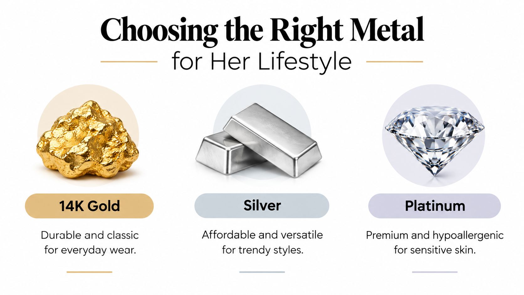 A visual guide comparing 14k gold, silver, and platinum metals to help choose jewelry for her lifestyle.