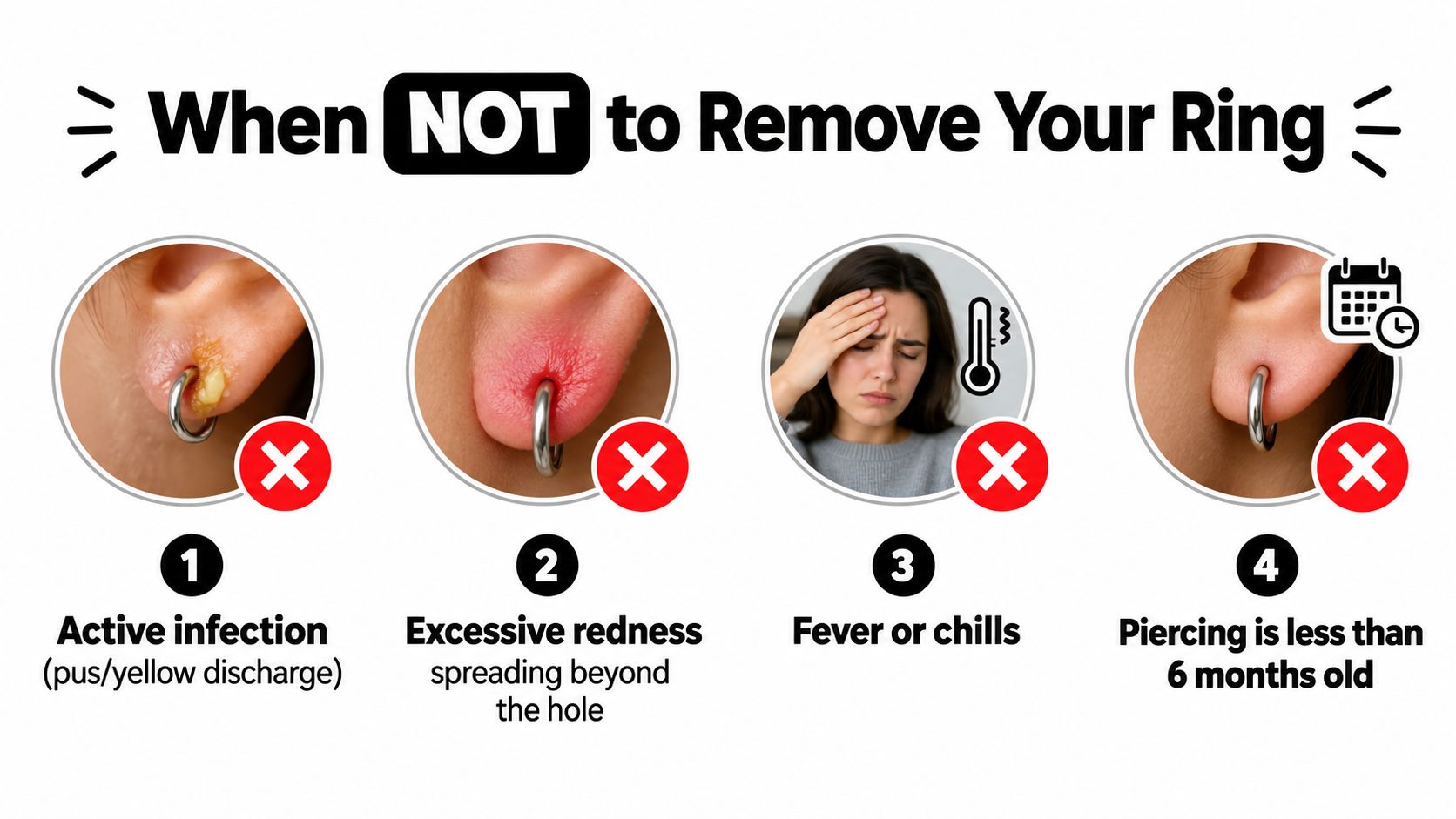 An infographic showing four scenarios when you should not remove your body piercing ring.