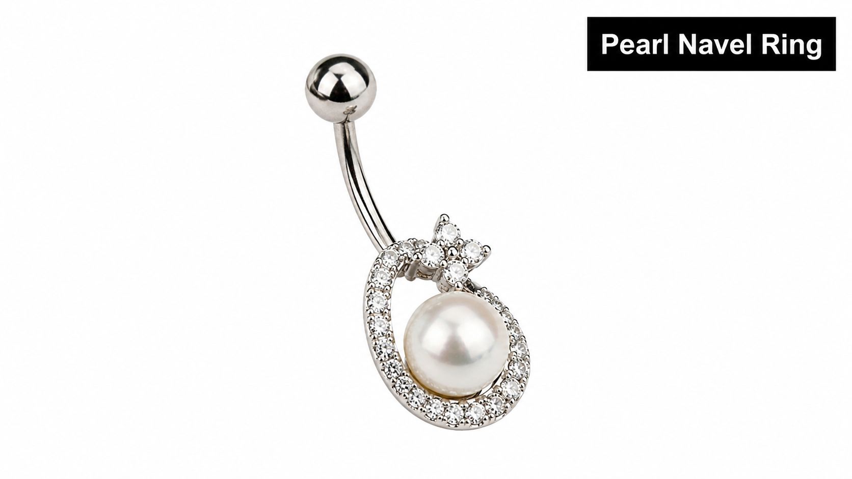 A silver navel ring featuring a white pearl surrounded by small sparkling cubic zirconia crystals.