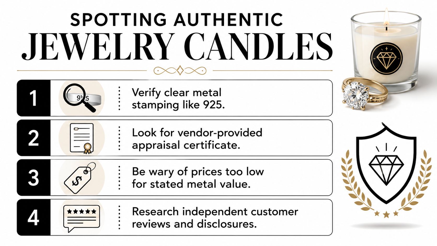 An infographic titled Spotting Authentic Jewelry Candles with four numbered tips on verifying jewelry quality.