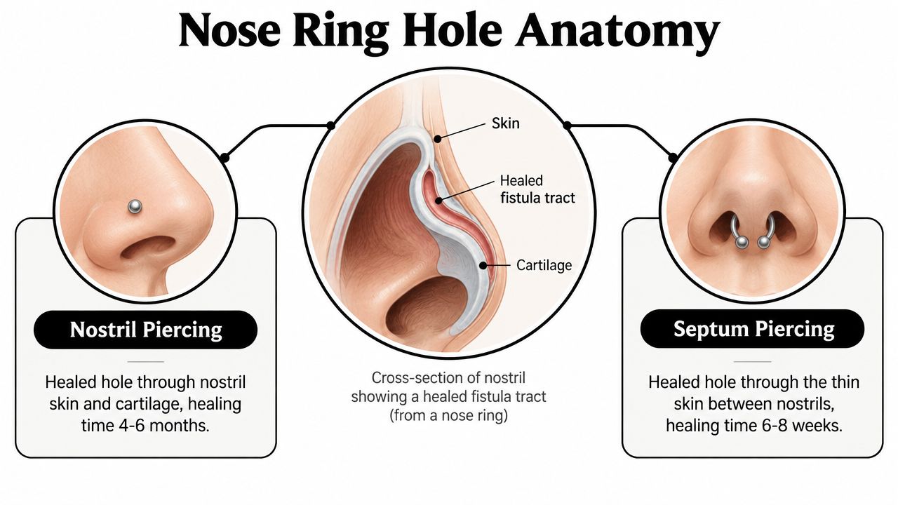 A diagram illustrating the anatomy of nostril and septum nose piercings with healing times and cross-section details.