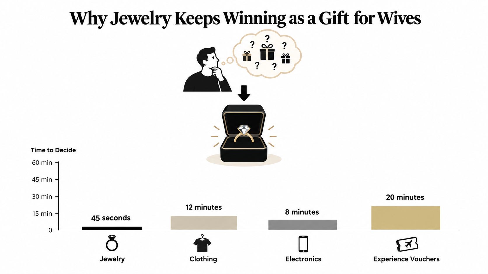 A bar chart comparing the decision time for different gifts, showing jewelry is the quickest to choose.