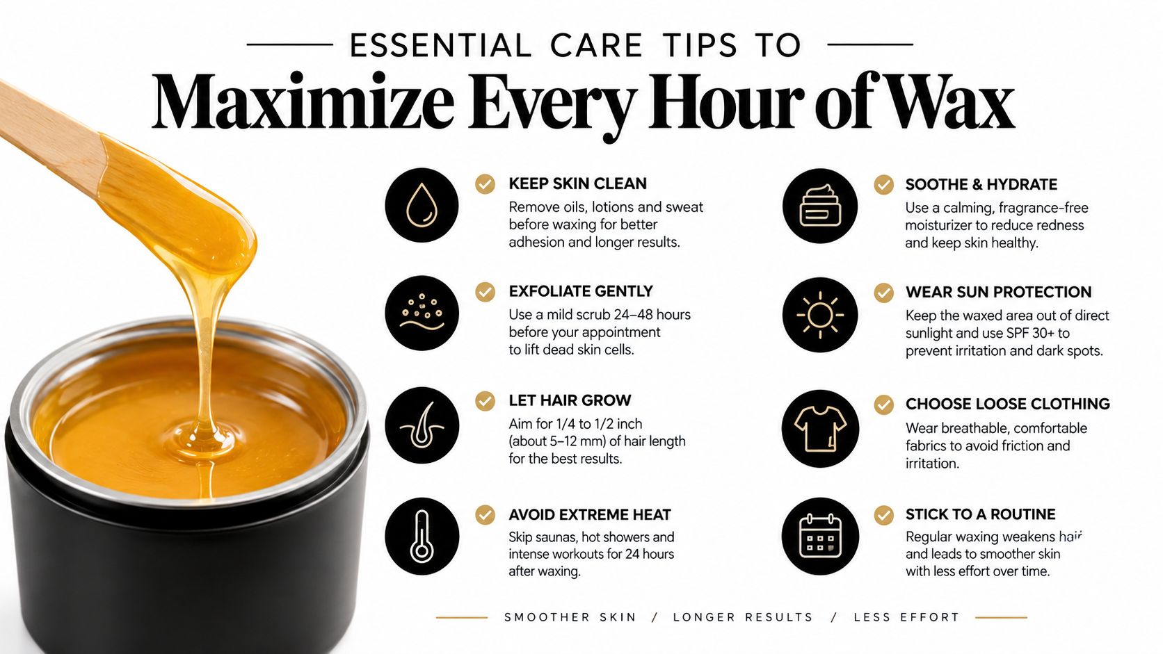 A professional infographic listing essential wax care tips for smoother skin and longer lasting results.