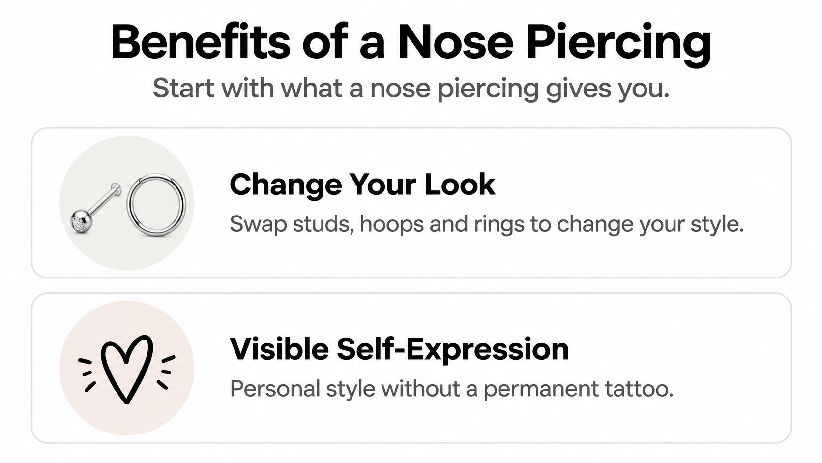 A graphic showing the benefits of a nose piercing, highlighting style changes and visible self-expression options.