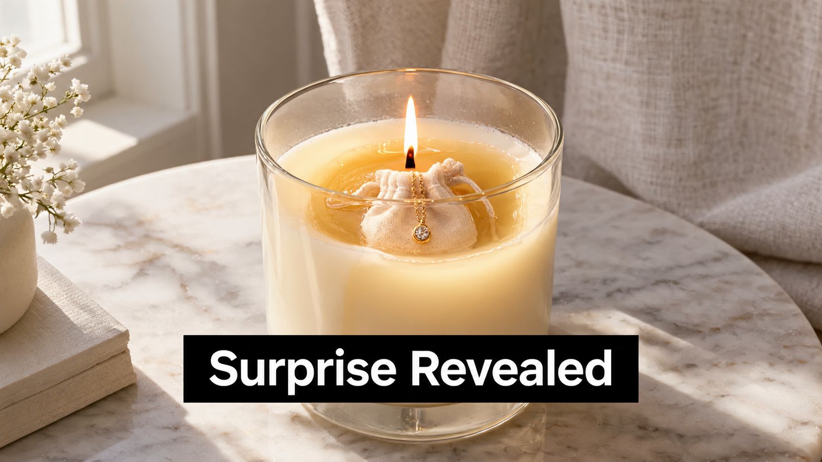 A luxury candle with a hidden jewelry pouch inside, lit on a marble table by a window.