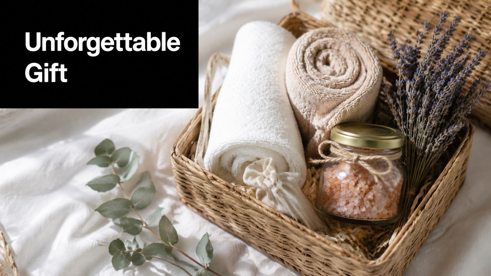 A wicker basket filled with a white towel, a beige towel, lavender flowers, and pink bath salts.