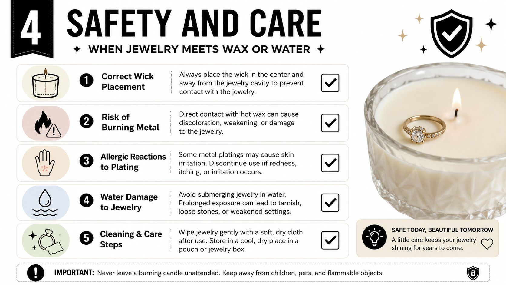 An infographic titled Safety and Care showing five tips for maintaining jewelry hidden inside candles.