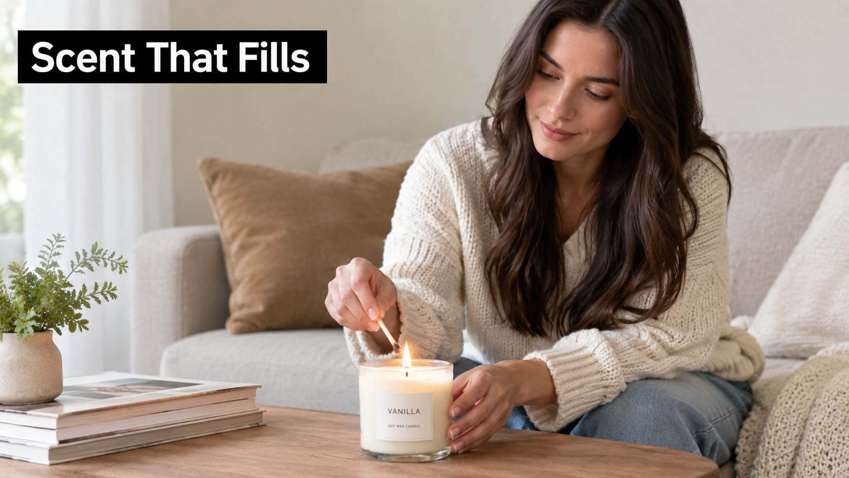 A woman in a cozy sweater lighting a vanilla scented soy wax candle on a living room table.