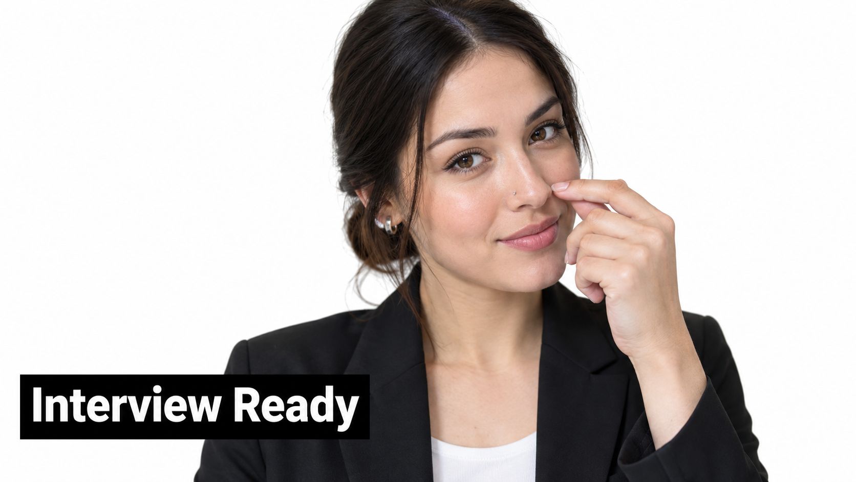 A professional woman in a black blazer touching her clear nose ring spacer
