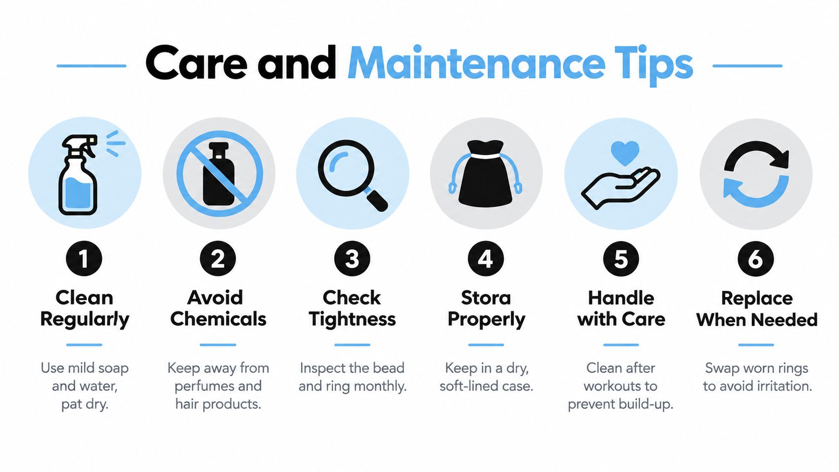 An infographic titled Care and Maintenance Tips with six numbered steps for maintaining captive bead ring jewelry.