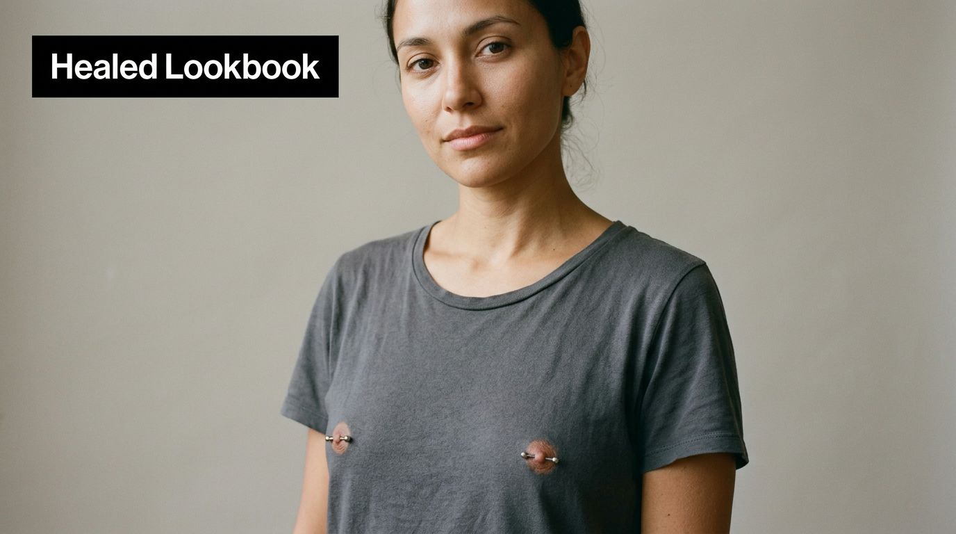 A woman wearing a grey t-shirt showcasing healed nipple piercings with visible silver barbell jewelry.
