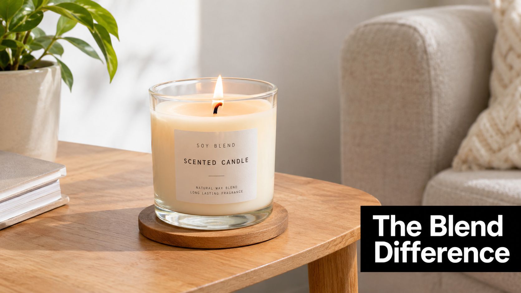 A lit soy blend scented candle sits on a wooden coaster atop a table with decor.