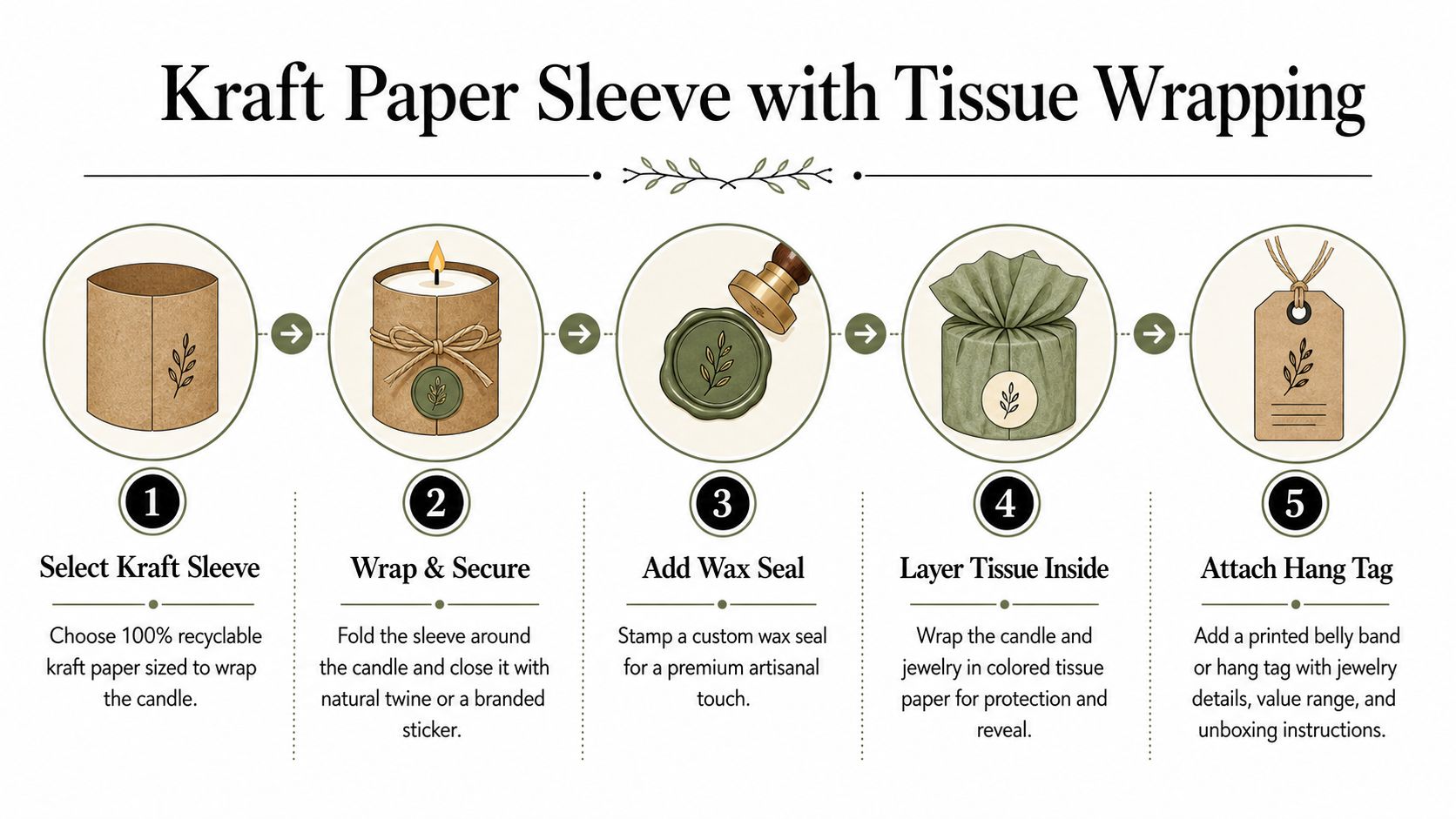 A five-step infographic showing how to package a candle and jewelry using kraft paper and wax seals.