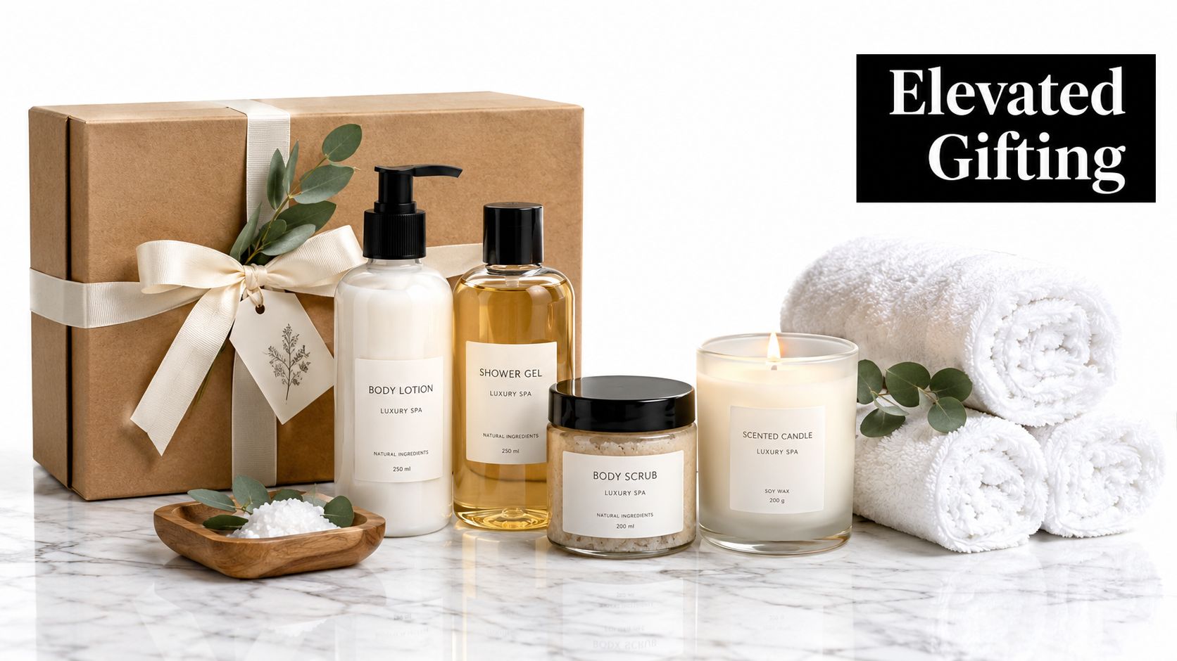 A luxurious spa gift set featuring body lotion, shower gel, body scrub, a candle, and towels.