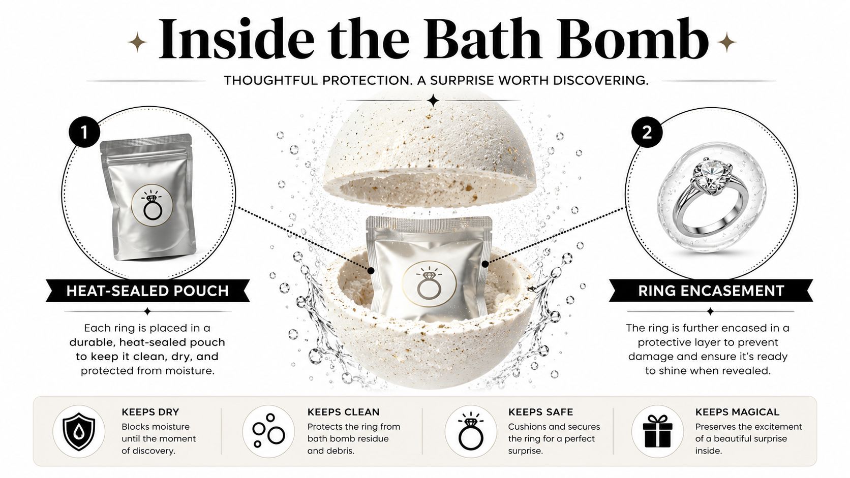 A diagram explaining how a ring is protected inside a bath bomb using a heat-sealed pouch.