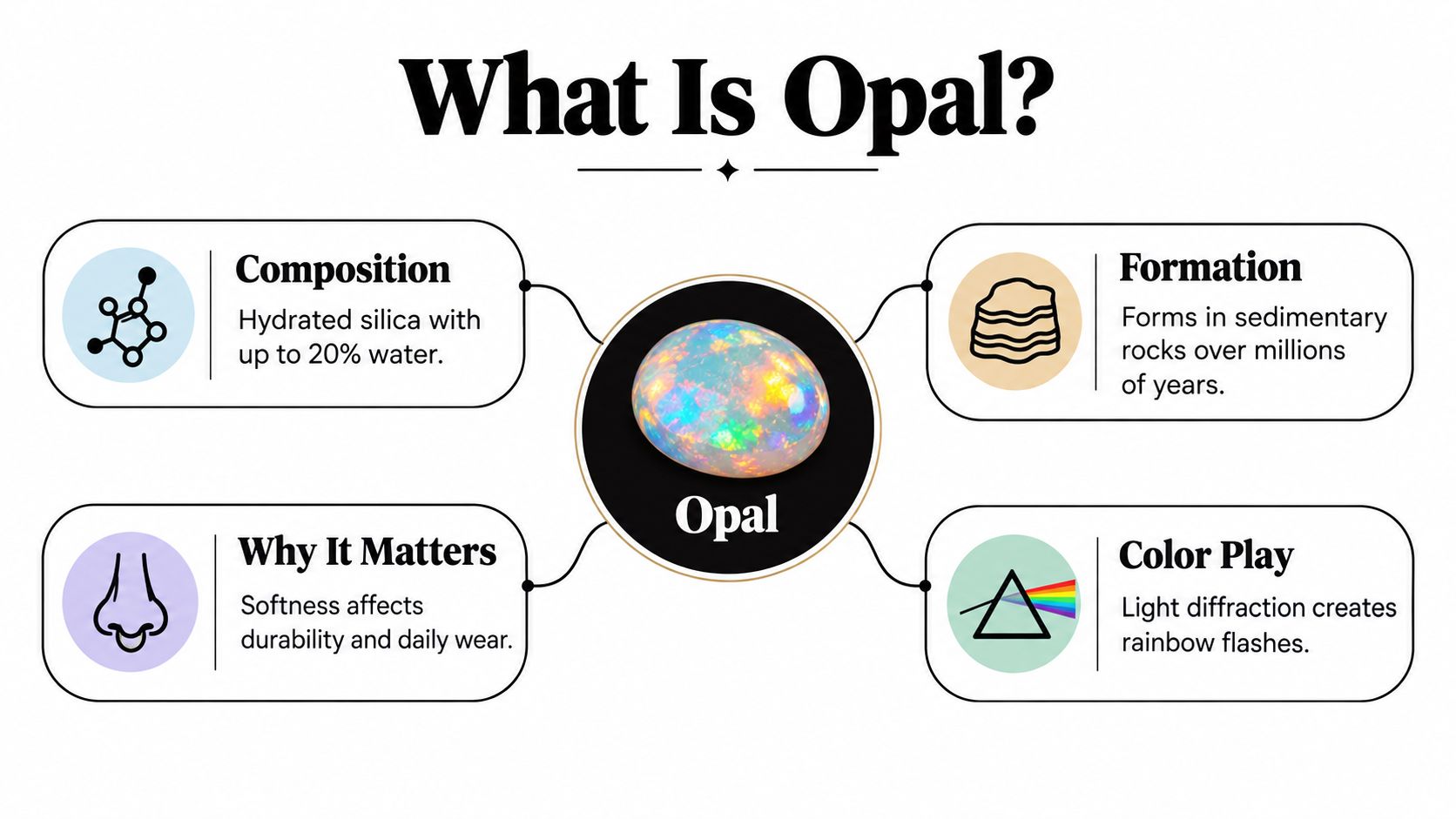 An infographic titled What Is Opal explaining its composition, formation, importance, and unique light-diffracting color play properties.