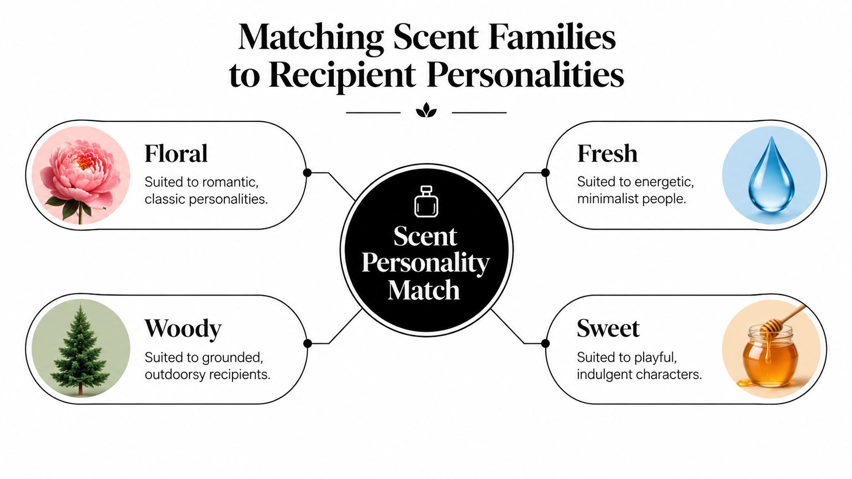 A diagram illustrating matching scent families to recipient personalities, categorized into floral, fresh, woody, and sweet profiles.