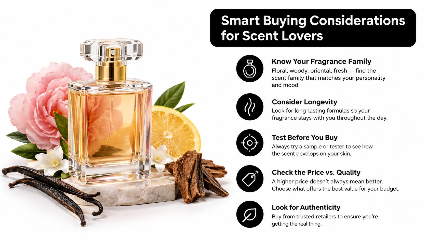 A perfume bottle surrounded by flowers, citrus, and wood with a list of smart buying tips for fragrance.