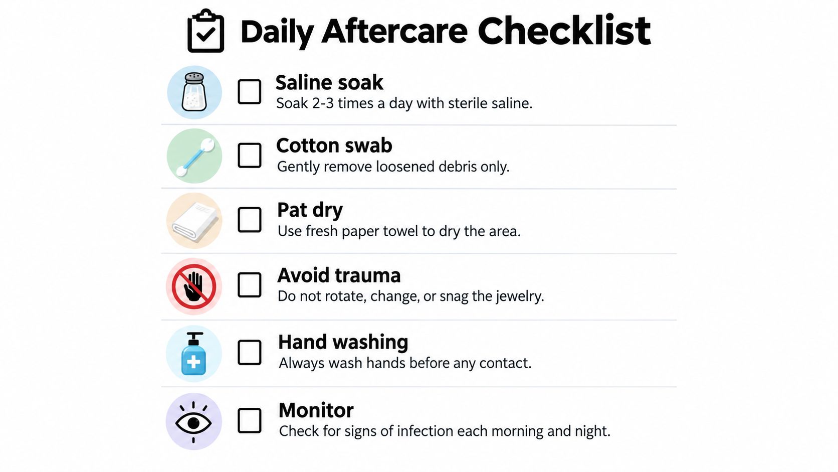 A daily aftercare checklist infographic for healing a new piercing, featuring six essential steps.