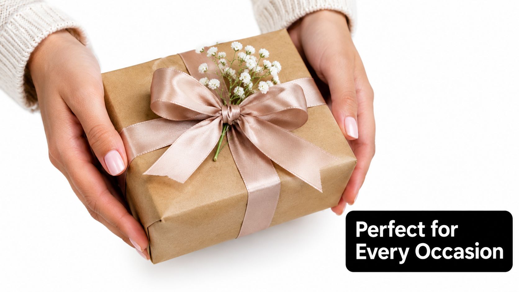 A pair of hands wearing a cream sweater holding a brown paper wrapped gift with a ribbon.
