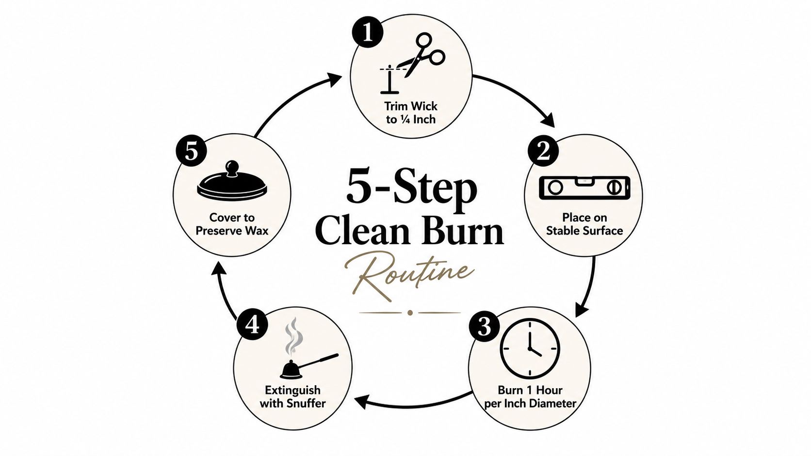 An infographic titled 5-Step Clean Burn Routine showing instructions for properly burning and maintaining a scented candle.