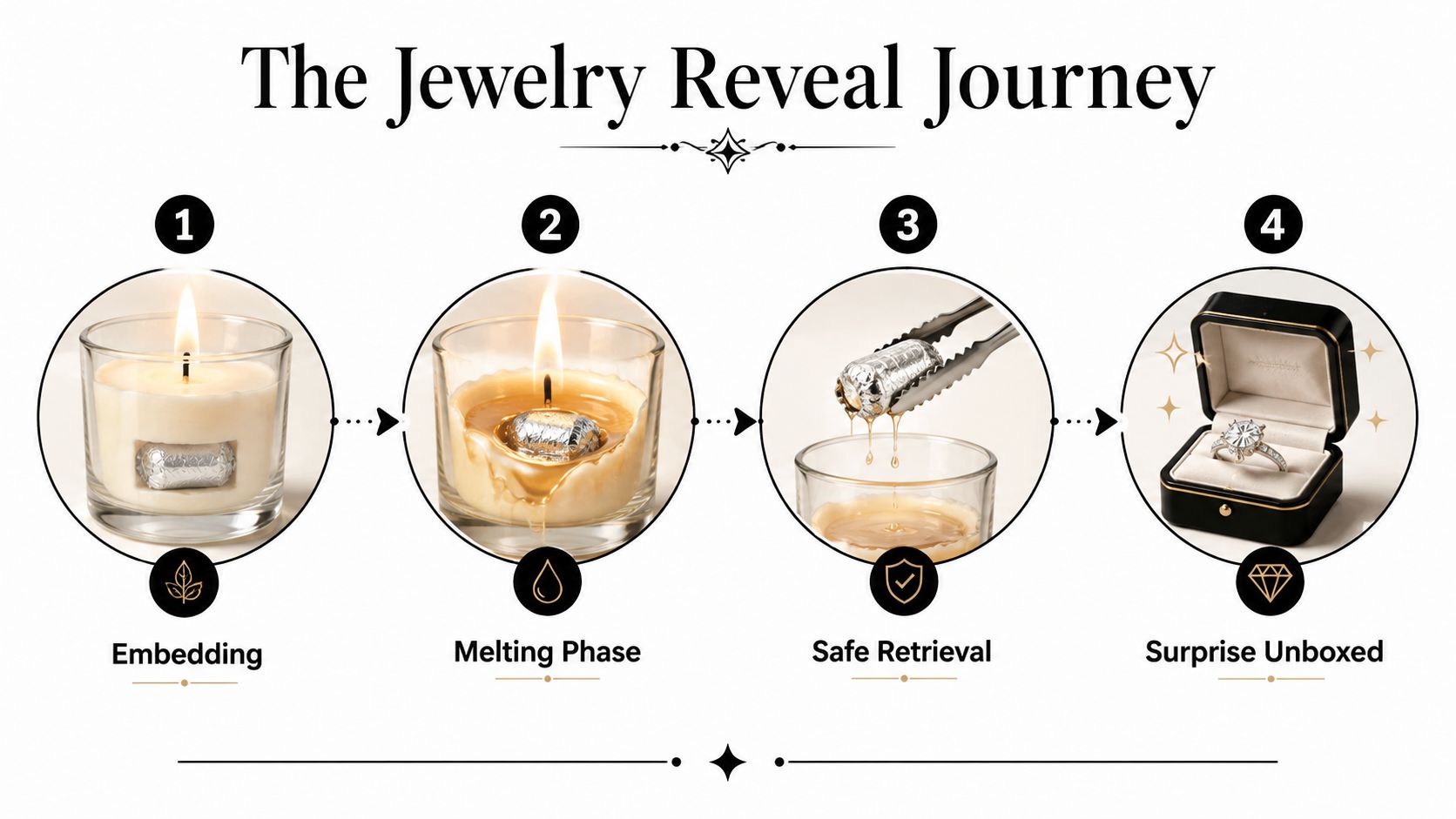 An infographic showing four steps of discovering a surprise ring hidden inside a lit scented candle.