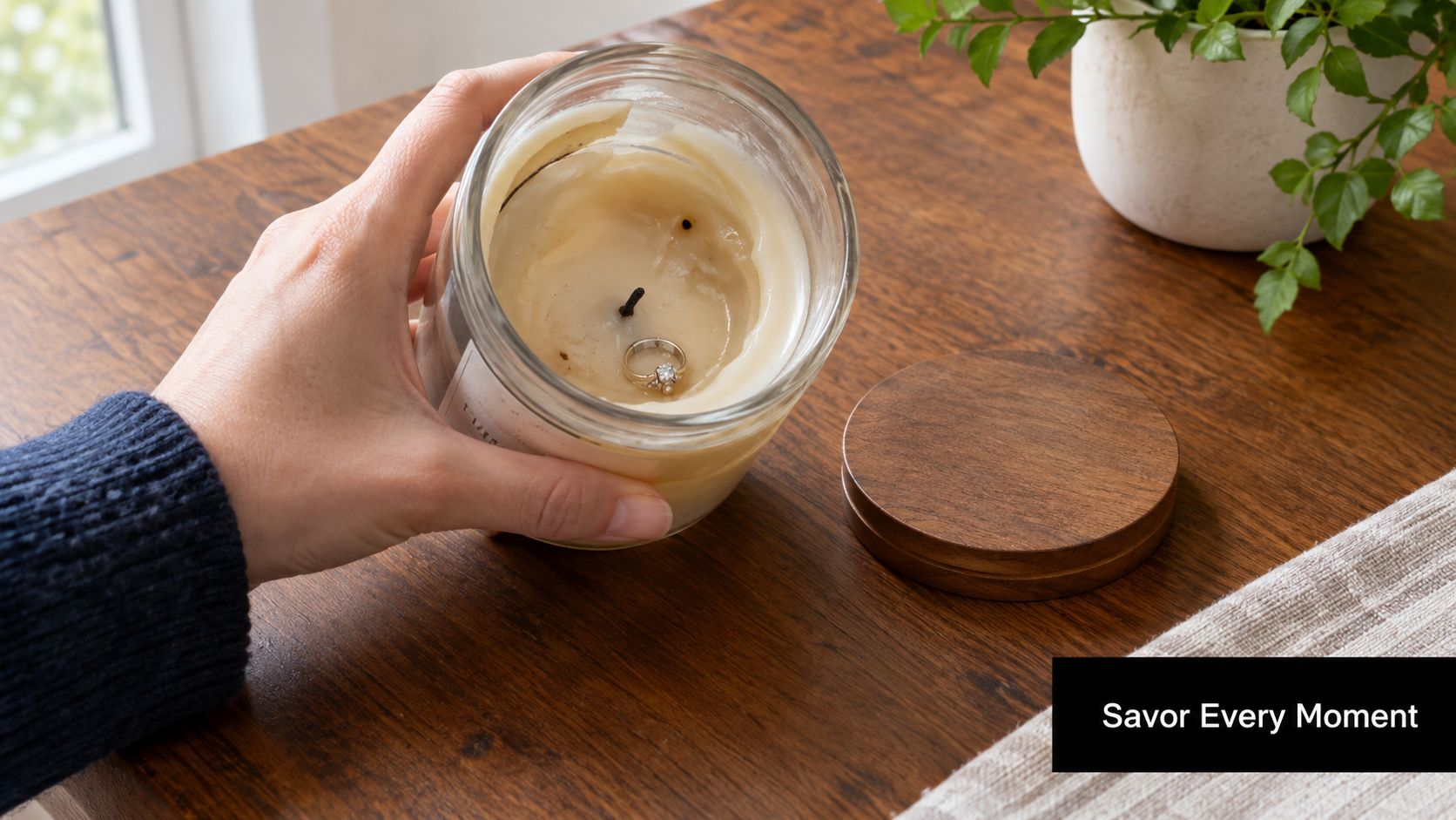 A hand holds a partially burned soy candle with a hidden diamond ring revealed in the wax.