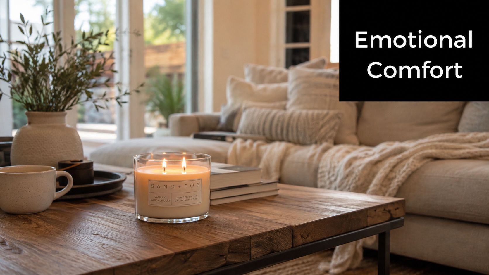 A Sand and Fog scented candle burns on a wooden coffee table in a cozy living room.